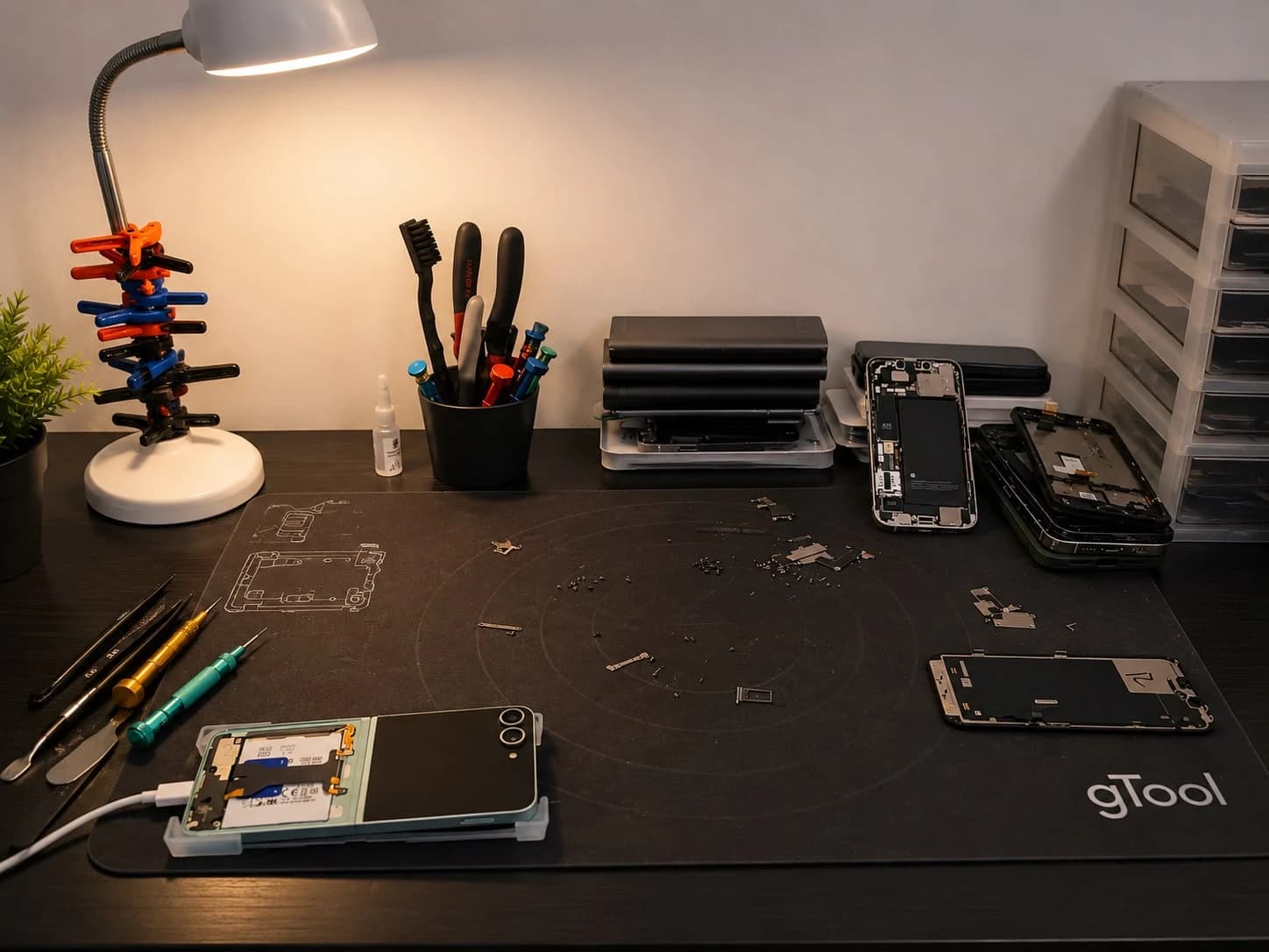 L'établi de réparation : tapis antistatique, téléphones ouverts en cours de réparation, tournevis de précision, pinces et lampe