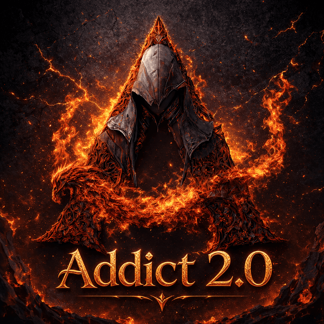 Le brûlot — sigil Addict 2.0, figure encapuchonnée et arc de lave incandescente