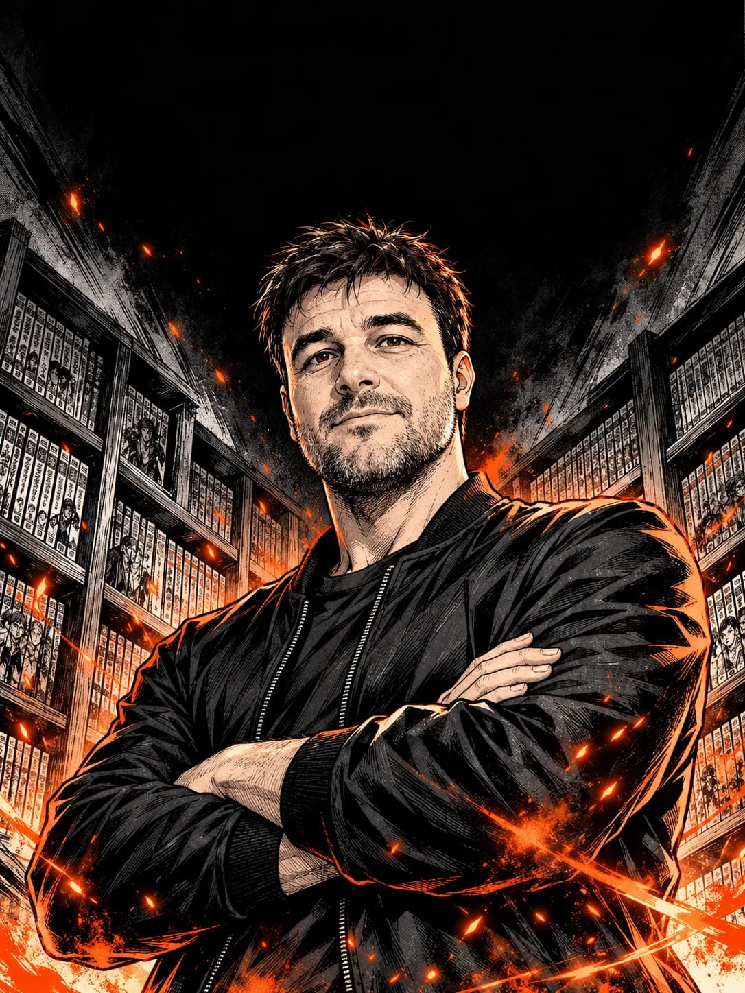 Jeff, le gérant, dessiné en héros de manga, bras croisés devant des étagères de mangas