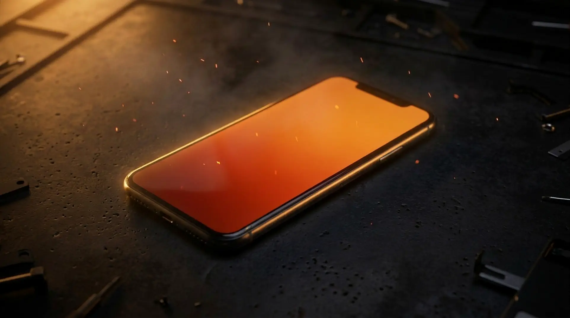 Écran de smartphone réparé, allumé sur l'établi de l'atelier