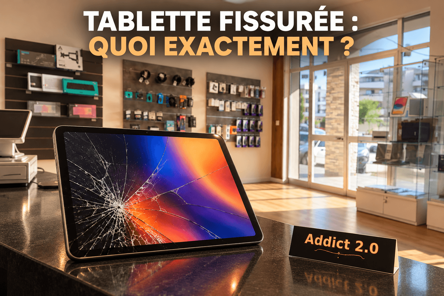 Illustration éditoriale hypothétique d’une tablette neutre à la vitre fissurée, avec l’écran allumé dans une zone intacte, dans l’atelier Addict 2.0 à Folelli. 