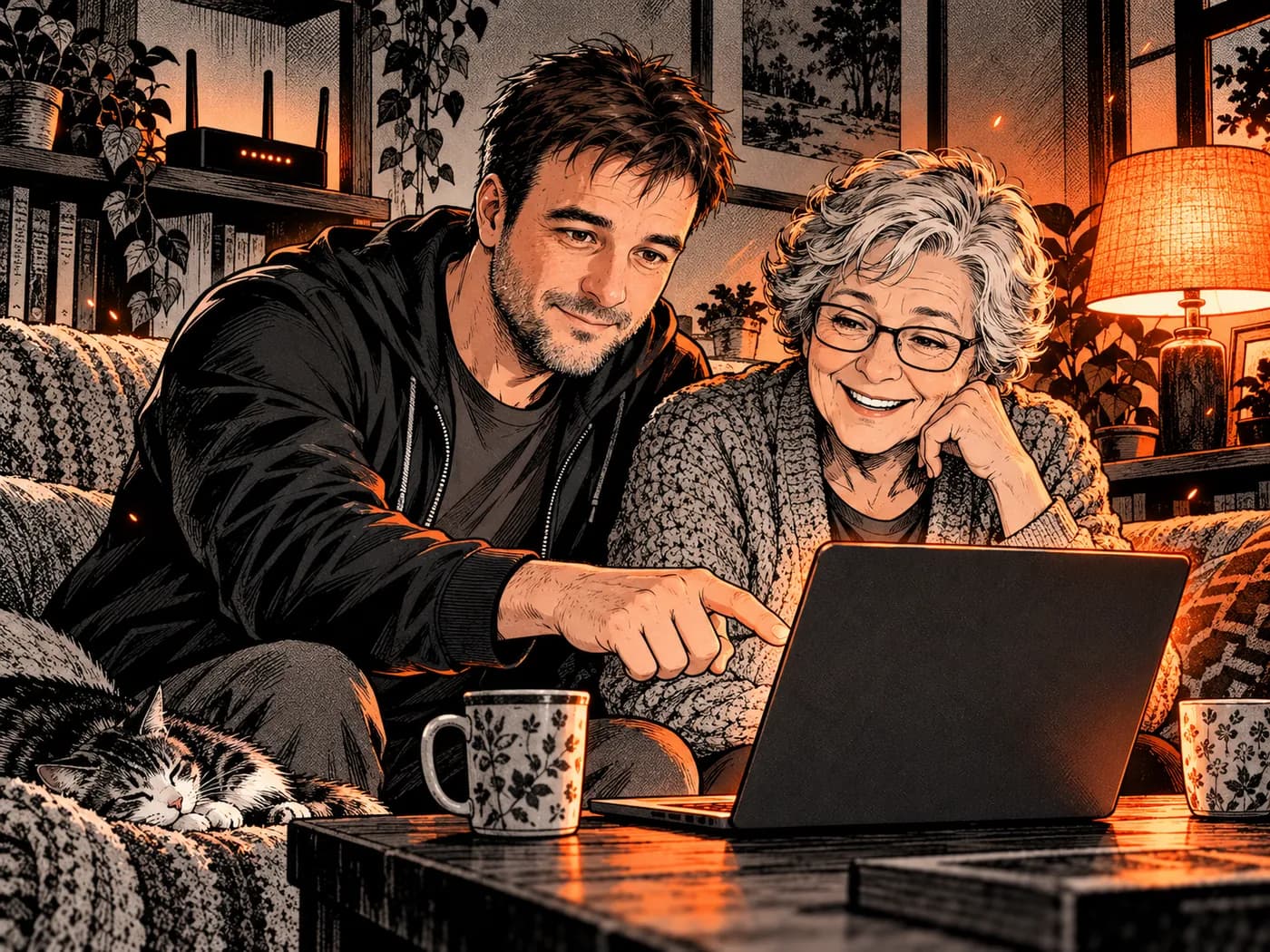 Illustration : Jeff explique l'ordinateur à une cliente, chez elle