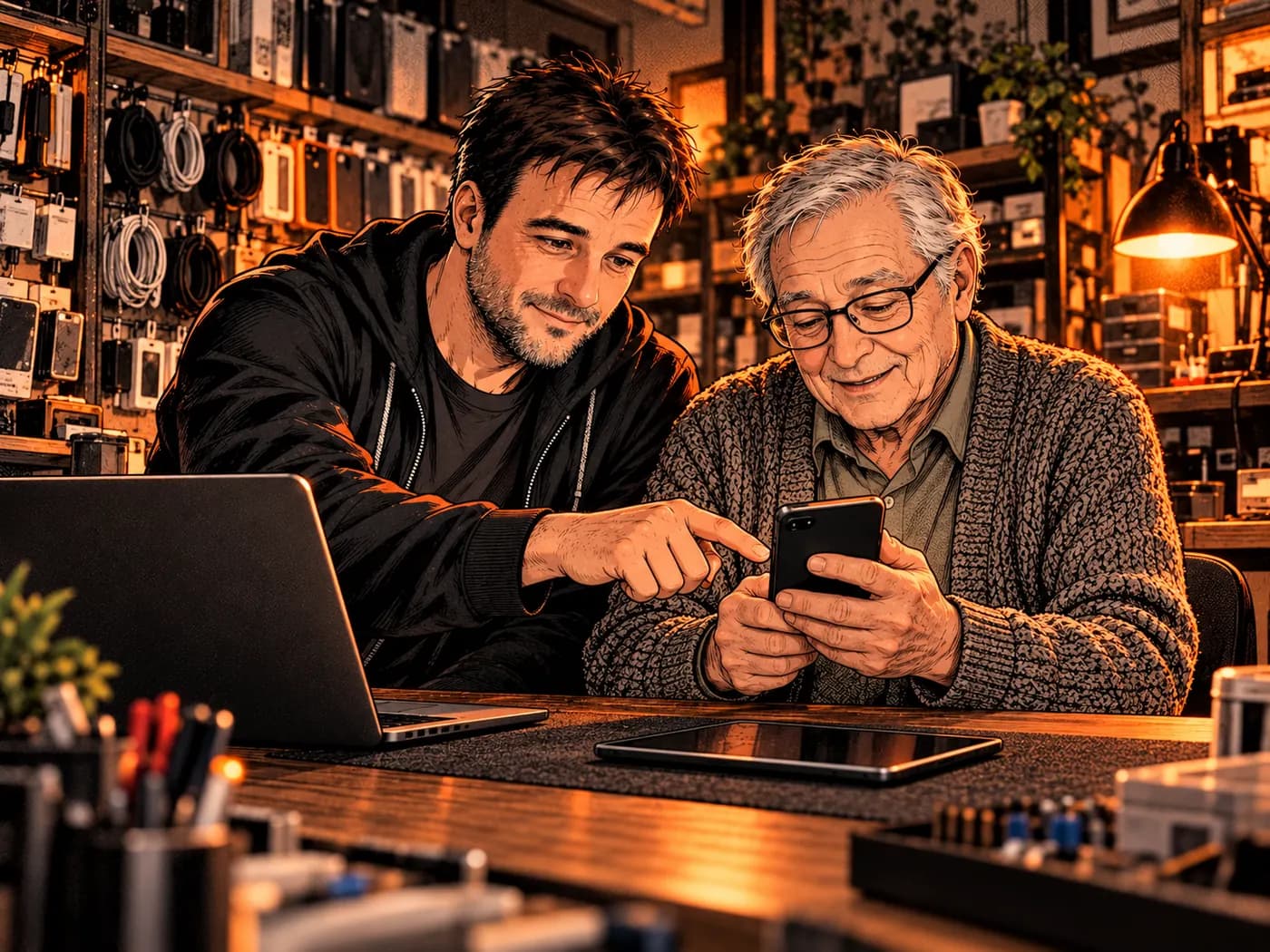 Illustration : Jeff montre à un client comment utiliser son smartphone, au comptoir de la boutique