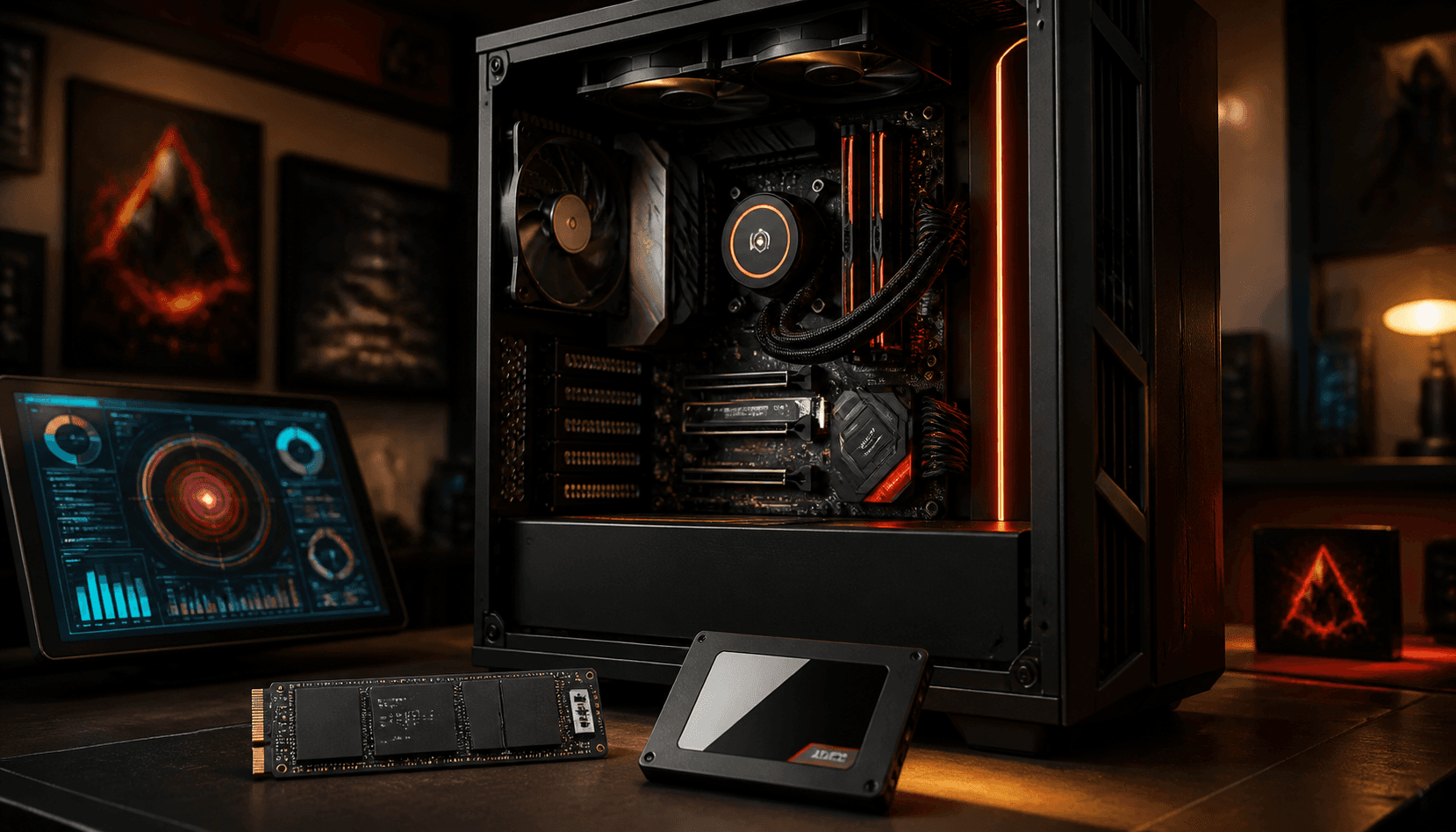 Tour PC ouverte sur un comptoir avec SSD, câbles rangés et lumière chaude de boutique geek