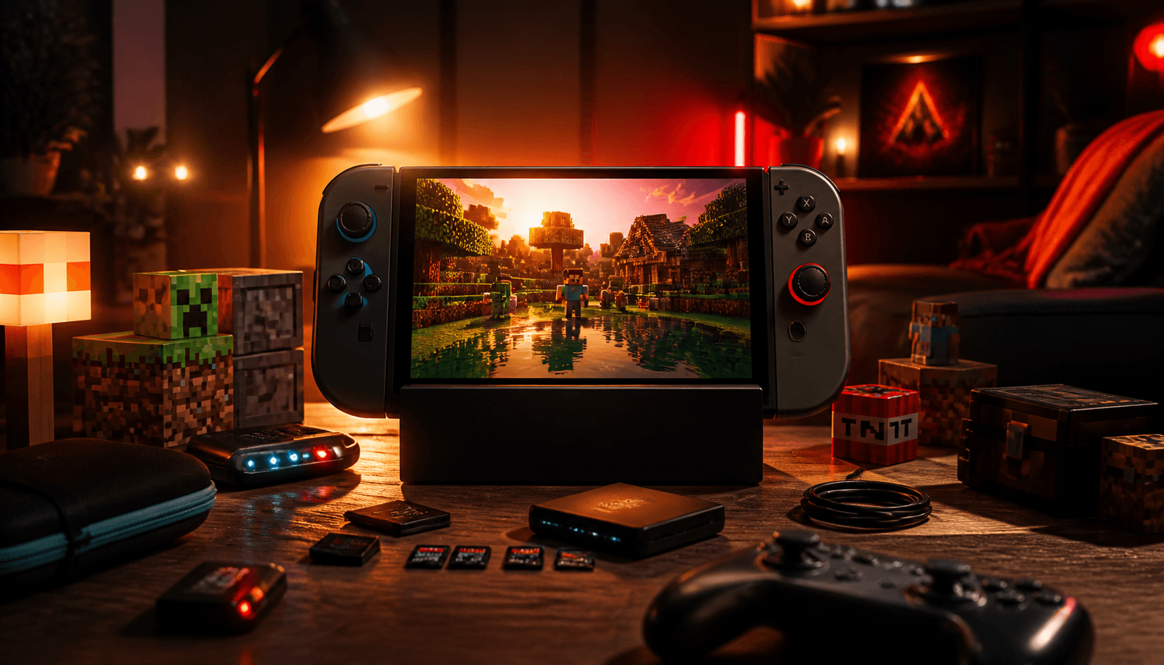 Console portable sur une table de salon avec manettes, blocs colorés et ambiance gaming familiale