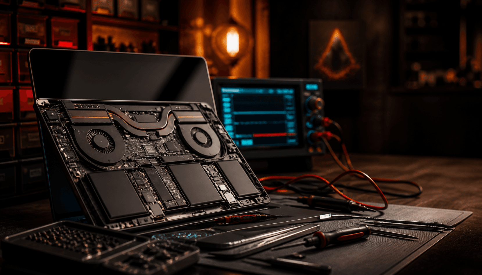 Ordinateur portable ouvert sur un comptoir geek avec petits outils, câbles rangés et lumière chaude