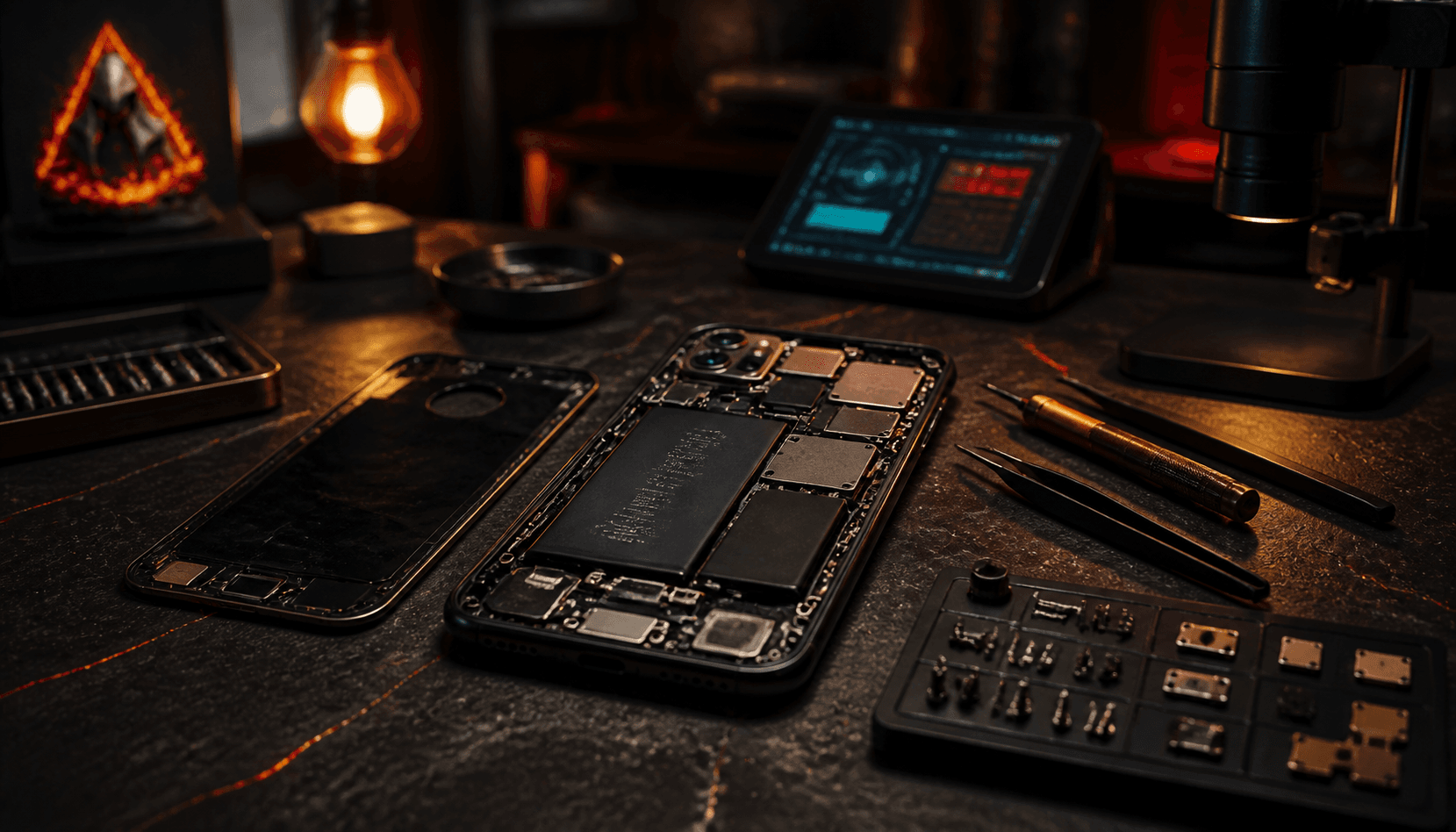 Smartphone ouvert sur un comptoir de boutique geek avec outils de réparation et lumière chaude