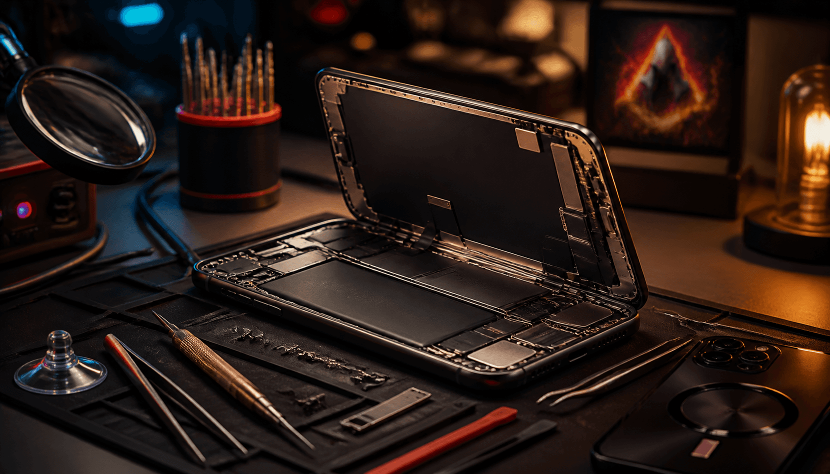 Comptoir de réparation avec un iPhone ouvert, des outils fins et des étagères geek en arrière-plan