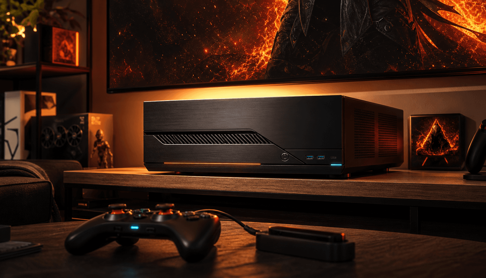 Salon gaming avec TV allumée, boîtier compact sous l’écran, manette sur table basse et lumières néon