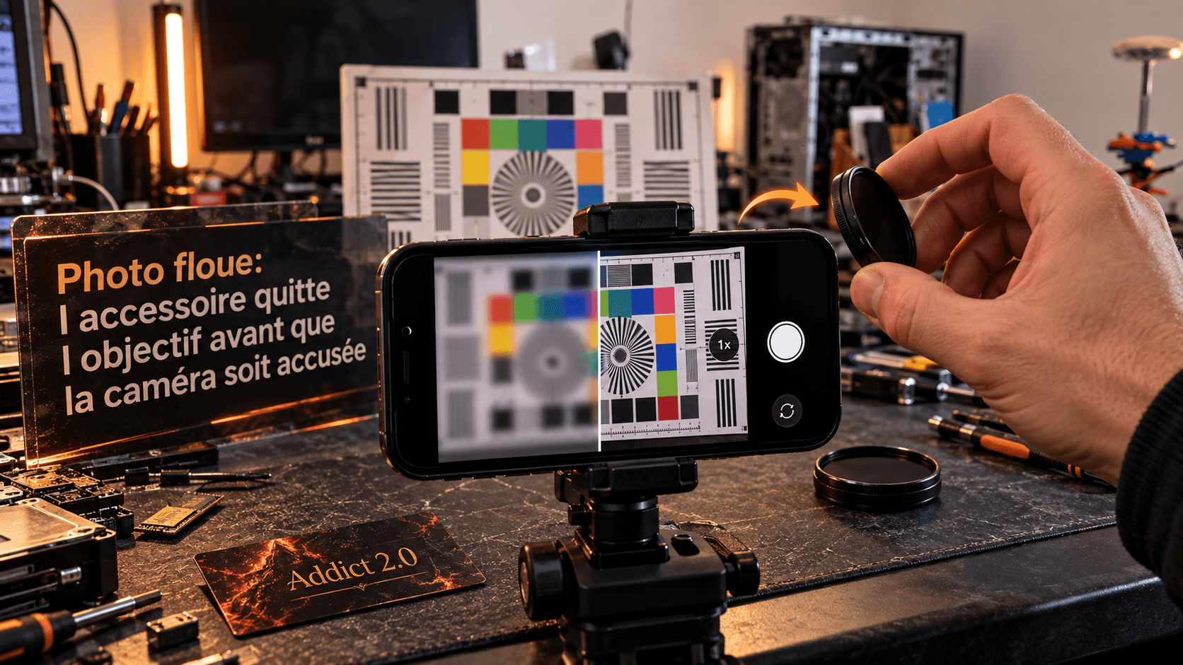 Démonstration neutre dans l'atelier Addict 2.0 : un smartphone cadre une mire colorée, avec une vue floue avant le retrait d'un accessoire et une vue nette aprè