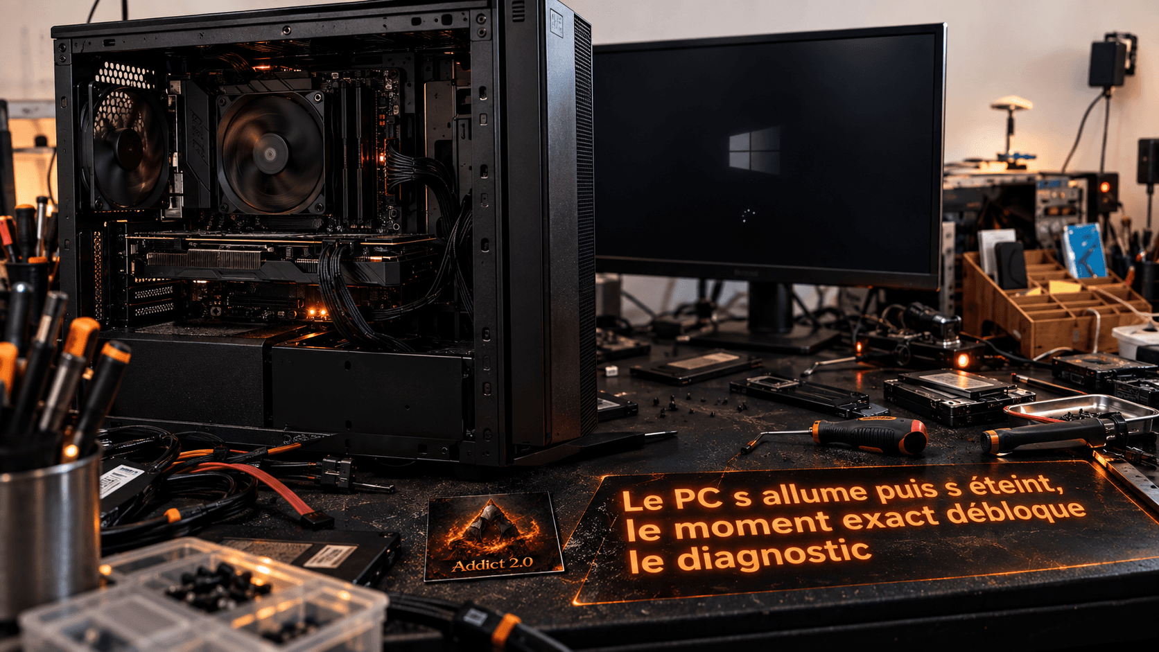 PC neutre de démonstration sur un établi Addict 2.0, logo de démarrage visible juste avant l'extinction de l'écran et des voyants