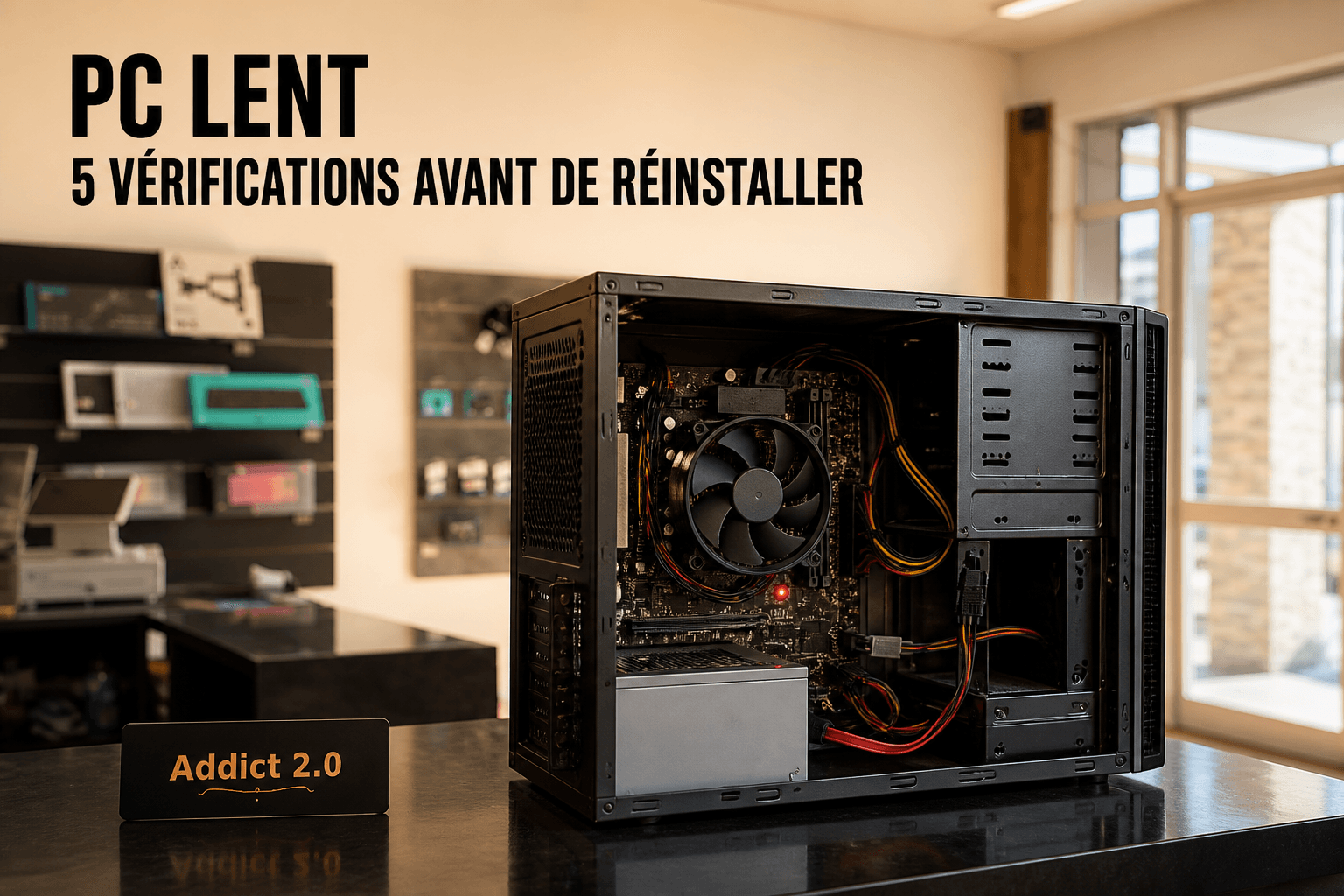 Ordinateur ouvert dans un atelier avec cinq points de vérification autour du stockage, de la mémoire, de la ventilation, des logiciels et du système