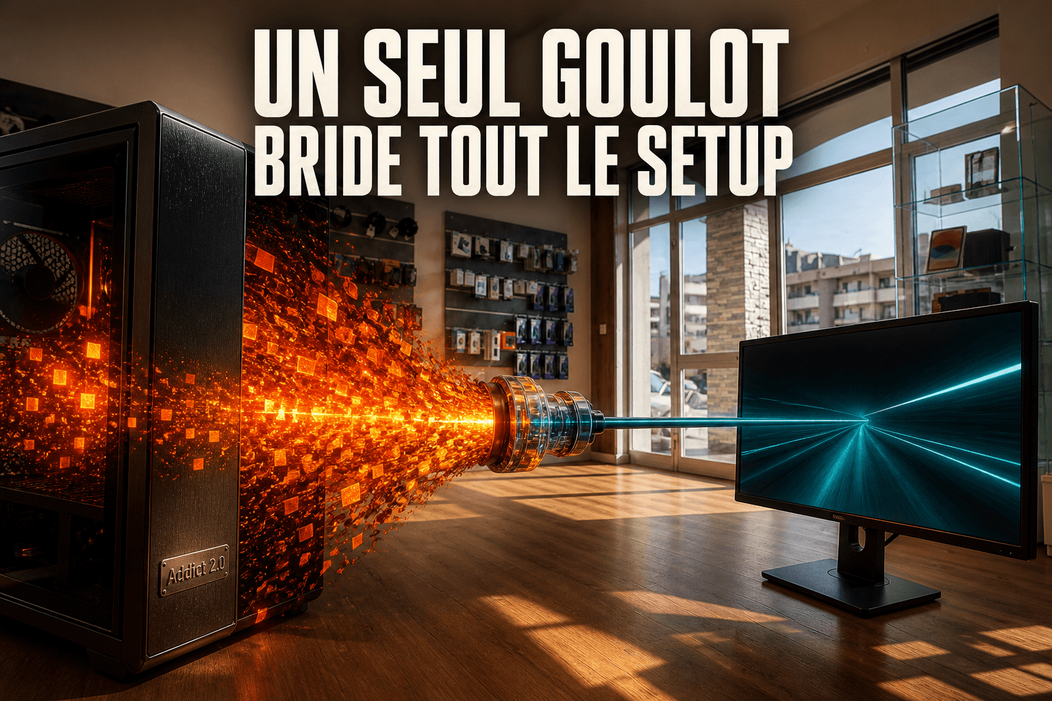 Setup gaming avec un signal lumineux comprimé par un goulot étroit avant d'atteindre un écran, ambiance geek Addict 2.0.