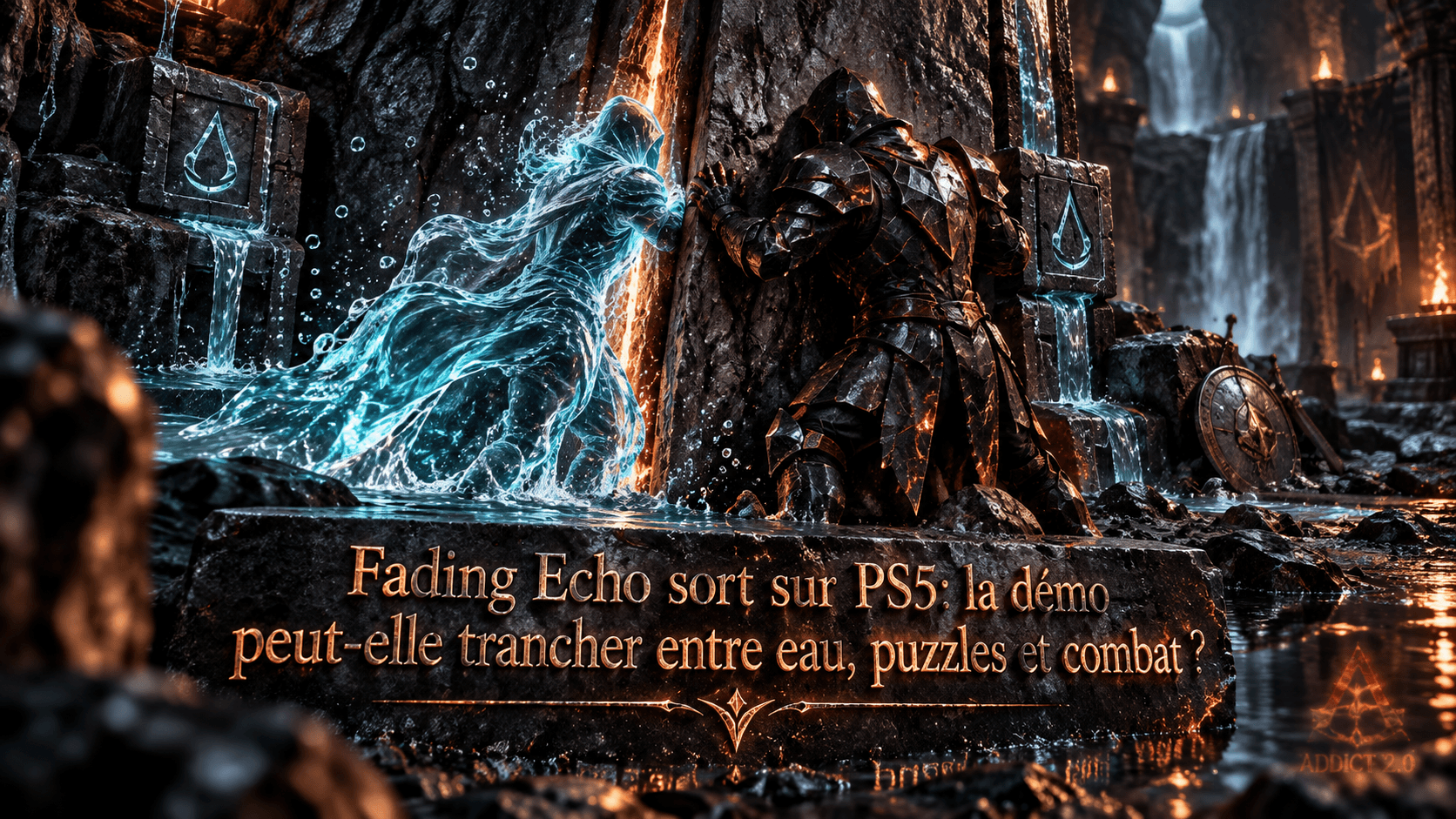 Fading Echo présenté autour de la forme Æther, avec un passage étroit qui oppose mouvement liquide, puzzles et combat