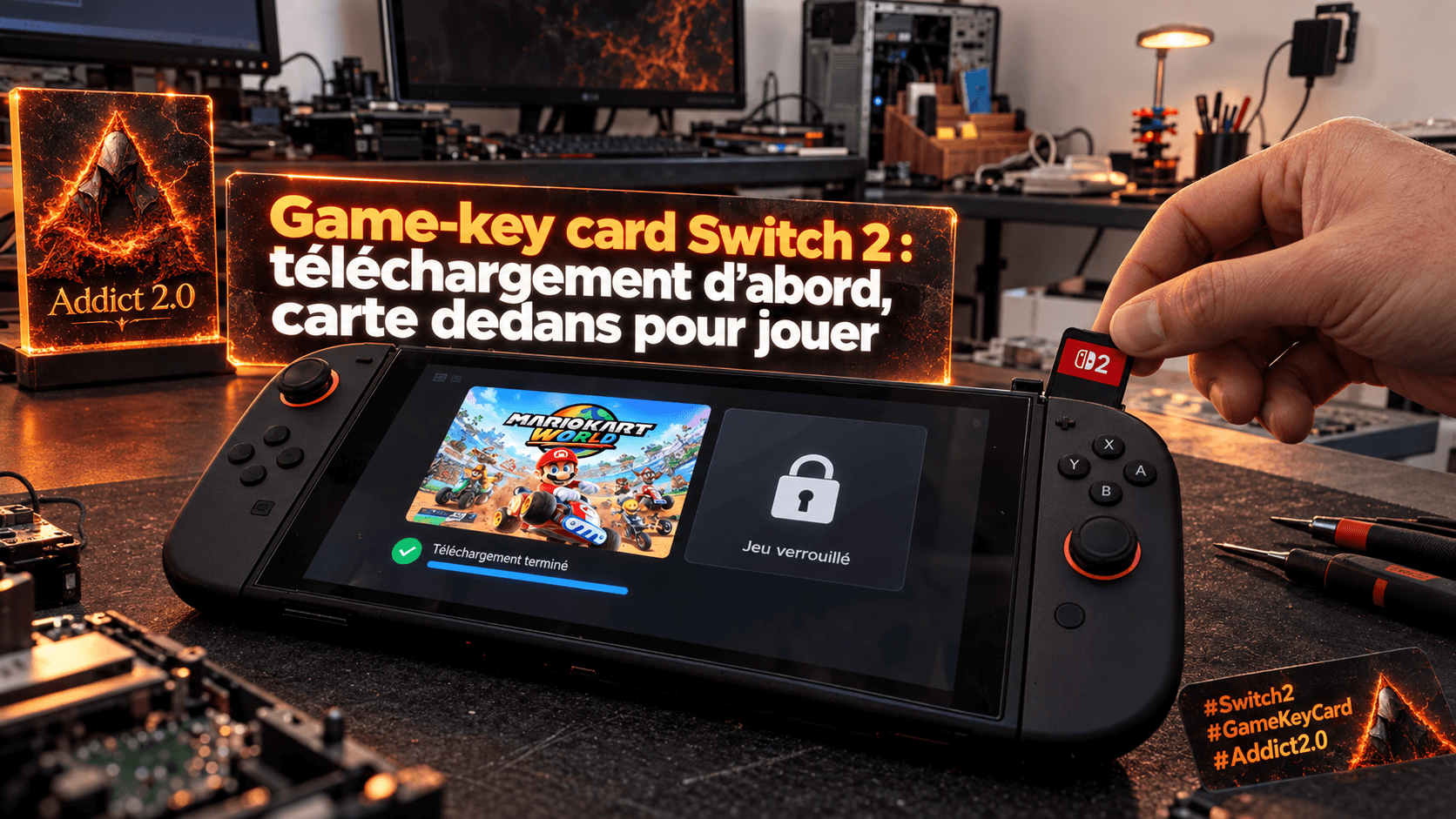 Game-key card Switch 2 à côté d'une console, avec rappel de télécharger puis de garder la carte pour jouer