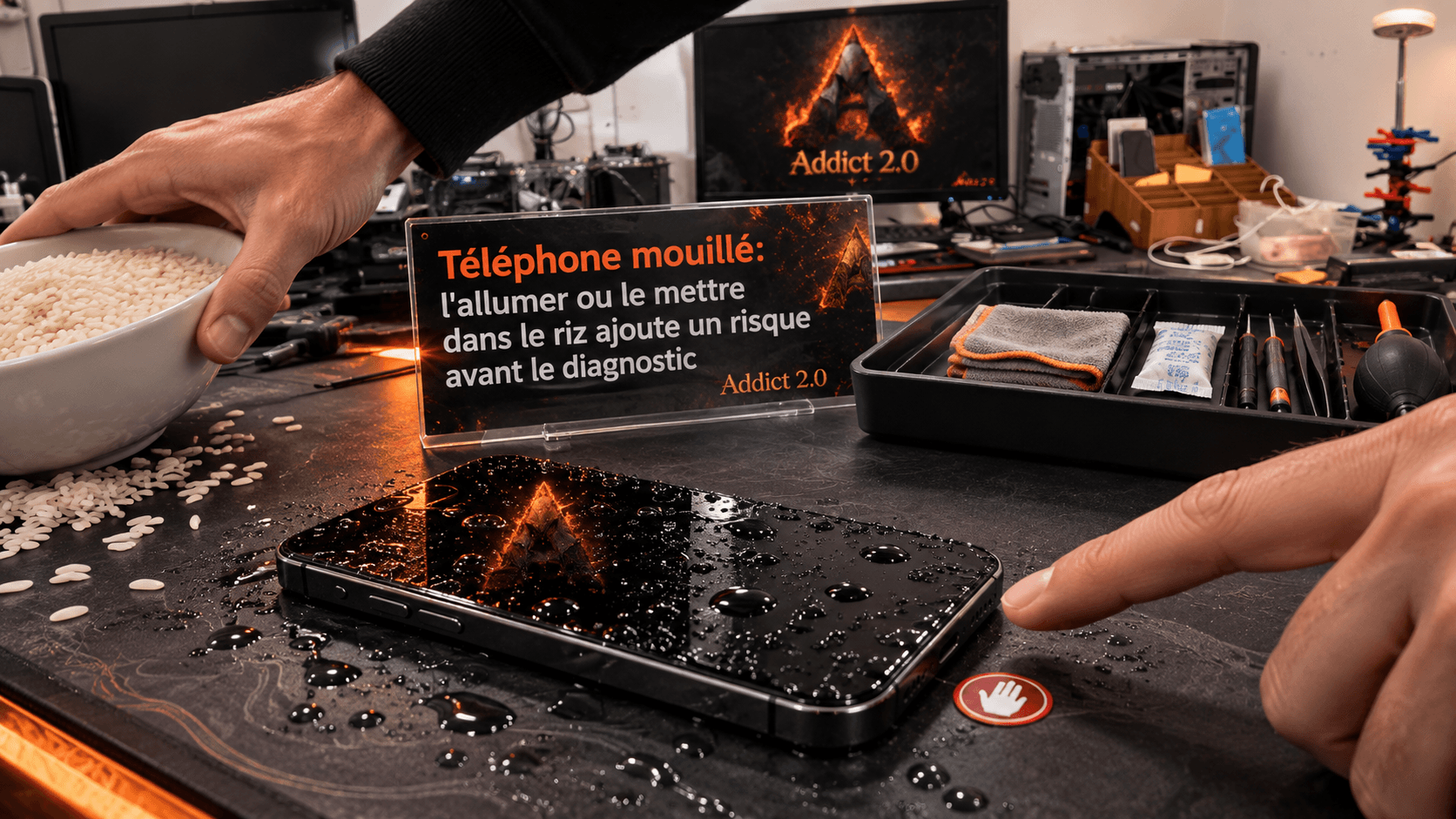 Téléphone neutre couvert de gouttes, doigt arrêté avant le bouton d'allumage et bol de riz écarté sur un établi d'atelier