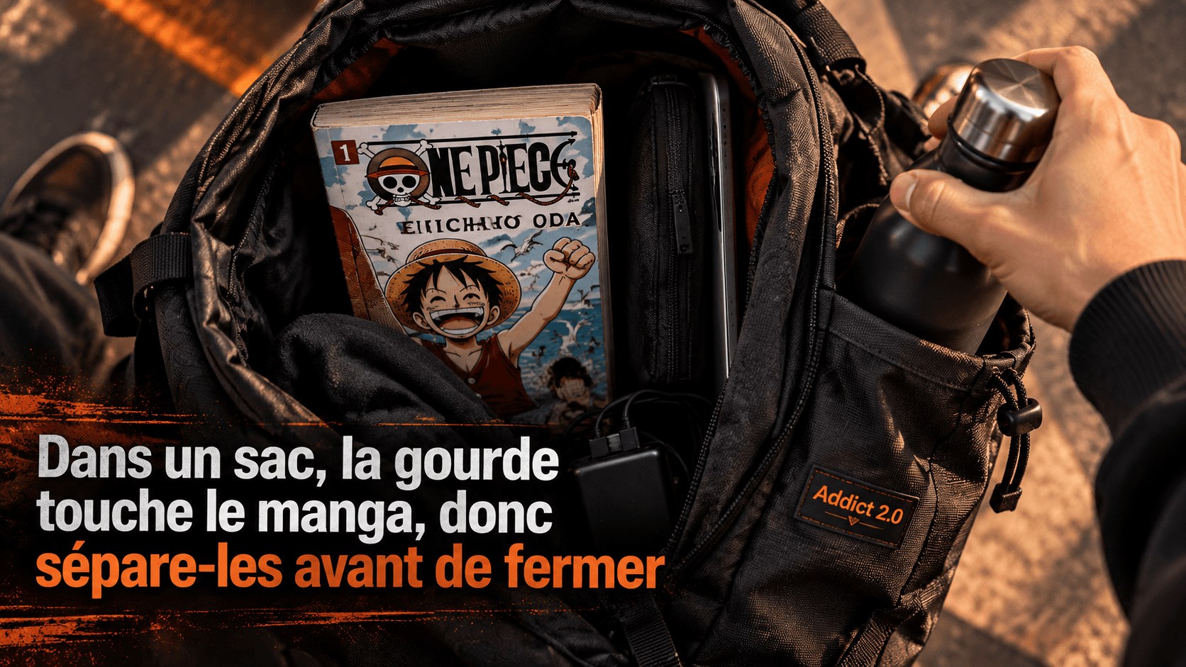 Démonstration de rangement dans l'univers manga Addict 2.0 à Folelli, une main éloigne une gourde d'un volume original sans licence dans un sac ouvert
