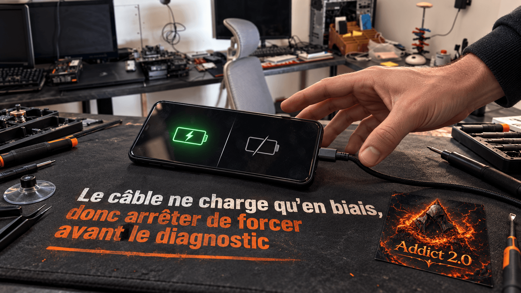 Câble de charge incliné sur un téléphone de démonstration, avec une main qui cesse de forcer avant le diagnostic