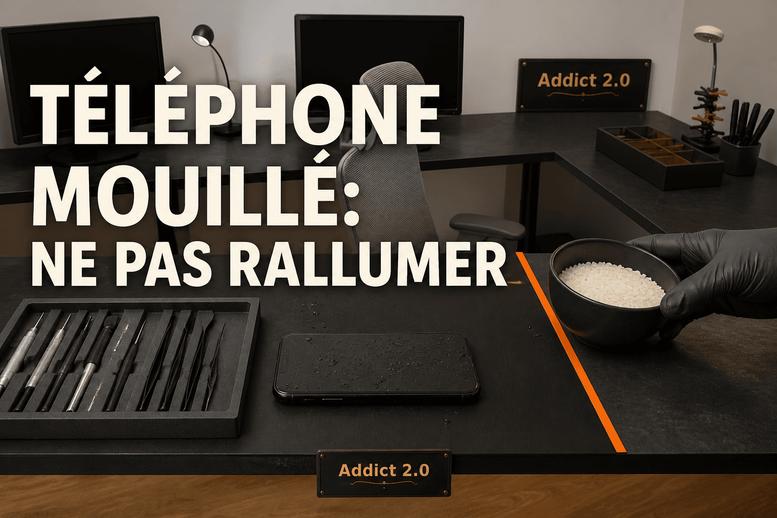 Téléphone mouillé éteint dans l’atelier Addict 2.0 à Folelli, tandis qu’un bol de riz est écarté de la zone de diagnostic.