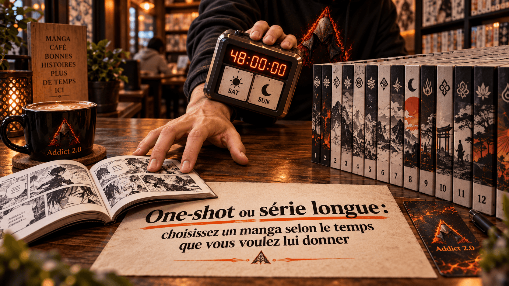 Place de lecture du café manga de Folelli avec un tankobon original ouvert d’un côté et une série de volumes aux couvertures non identifiables de l’autre, un mi
