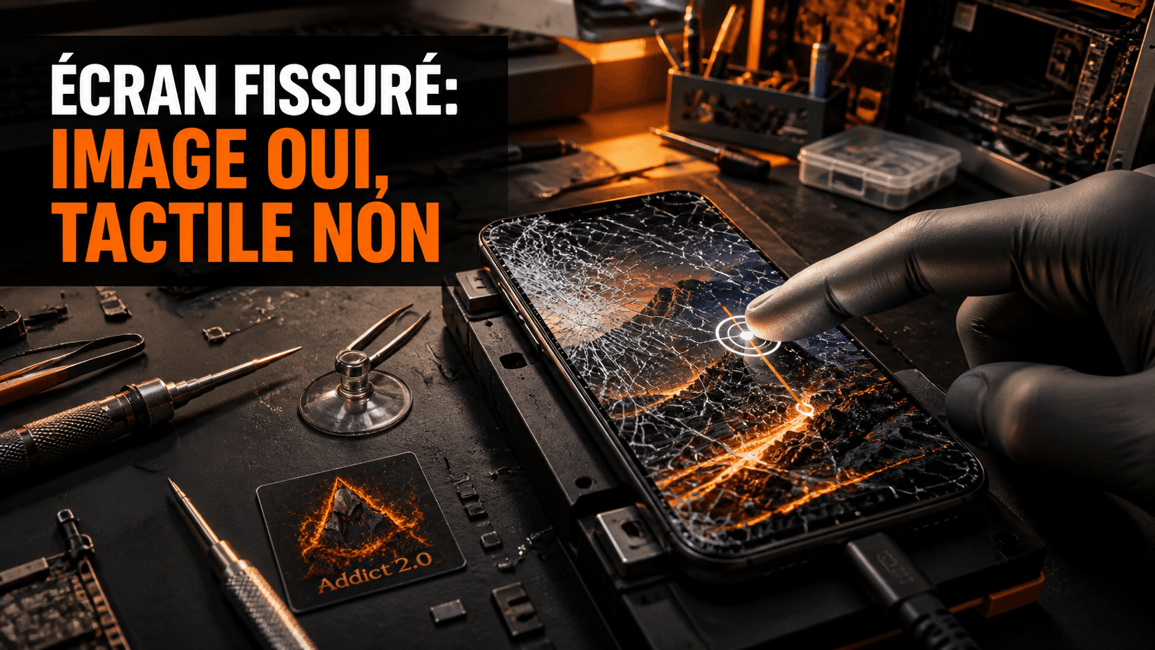Téléphone fictif de démonstration avec vitre fissurée, image visible et test tactile immobile dans un atelier Addict 2.0