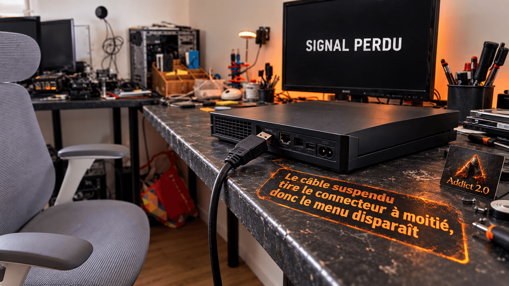 Démonstration neutre dans l'atelier Addict 2.0 : câble vidéo suspendu, connecteur à moitié sorti et écran affichant SIGNAL PERDU