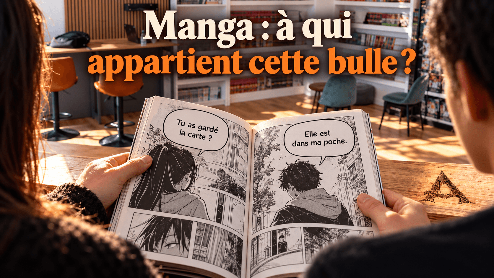 Deux personnages dans une scène de manga entièrement originale, chacun avec une bulle dont la queue pointe vers son locuteur.